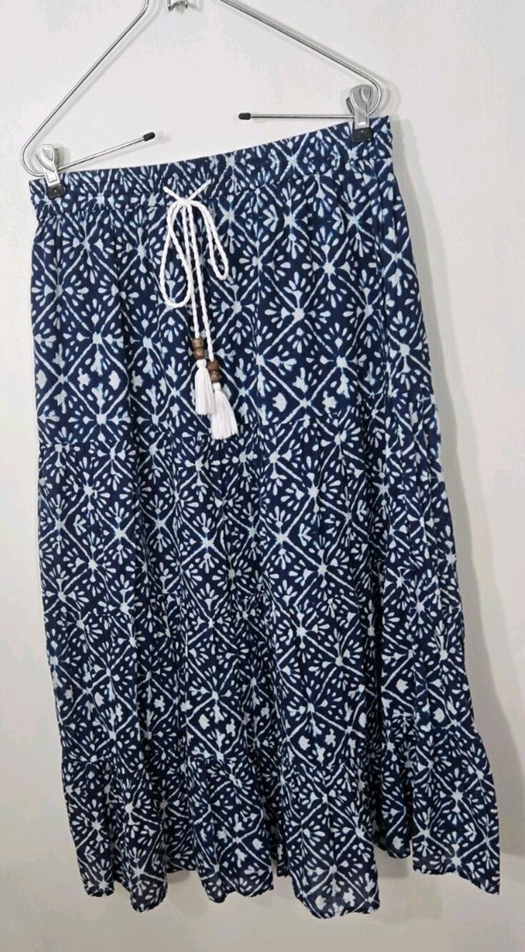 Boho Blue Batik Festival Maxi Skirt Tiered Size M 100% cotton cottagecore